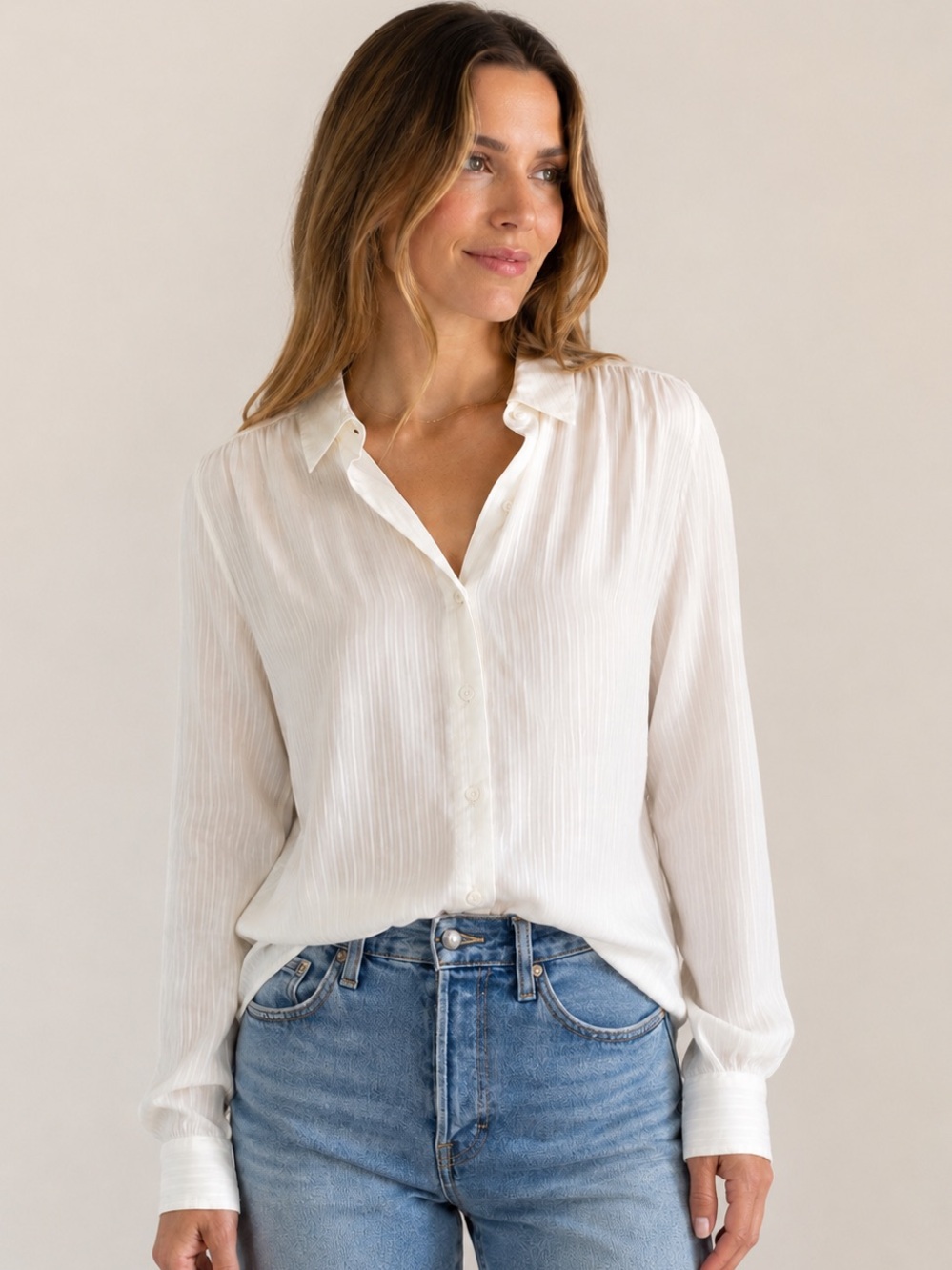 H&M | Pinstripe Semi Sheer Button Down Shirt Blouse Elevated Basic Office Chic